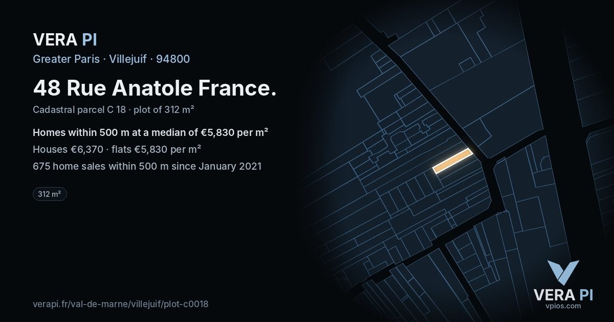 48 Rue Anatole France, Villejuif at night – the plot lit, the parcels around coloured by the prices near them