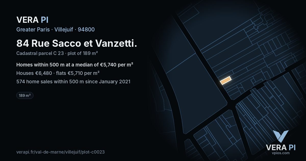 84 Rue Sacco et Vanzetti, Villejuif at night – the plot lit, the parcels around coloured by the prices near them