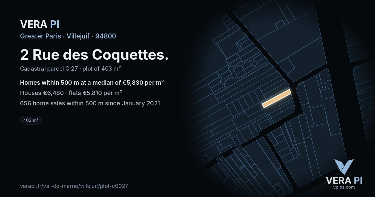 2 Rue des Coquettes, Villejuif at night – the plot lit, the parcels around coloured by the prices near them