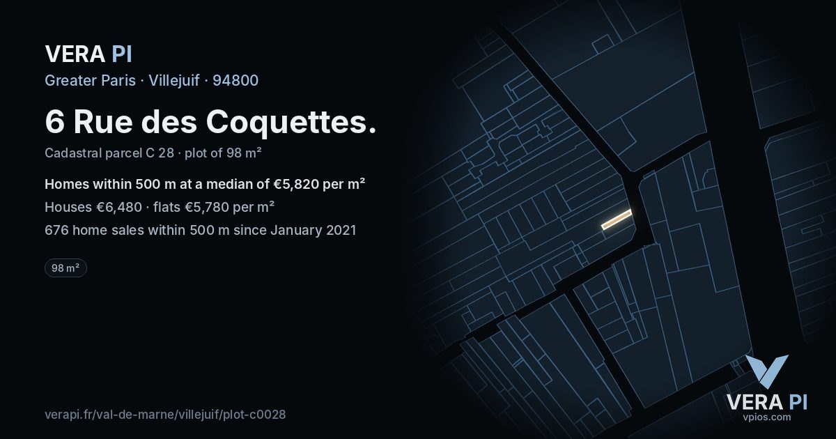 6 Rue des Coquettes, Villejuif at night – the plot lit, the parcels around coloured by the prices near them