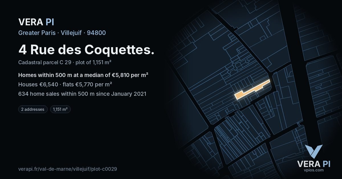4 Rue des Coquettes, Villejuif at night – the plot lit, the parcels around coloured by the prices near them