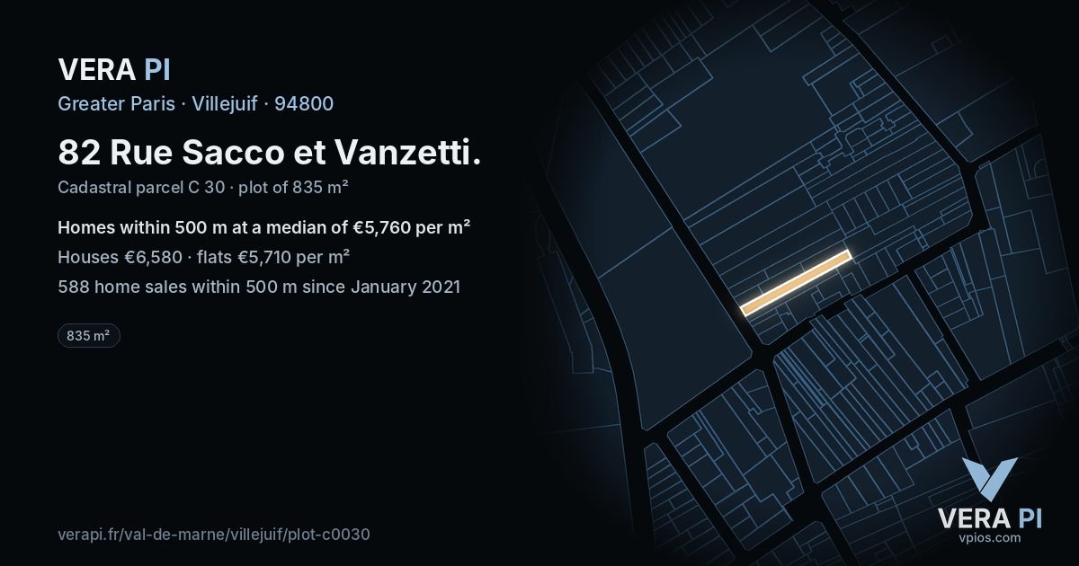 82 Rue Sacco et Vanzetti, Villejuif at night – the plot lit, the parcels around coloured by the prices near them