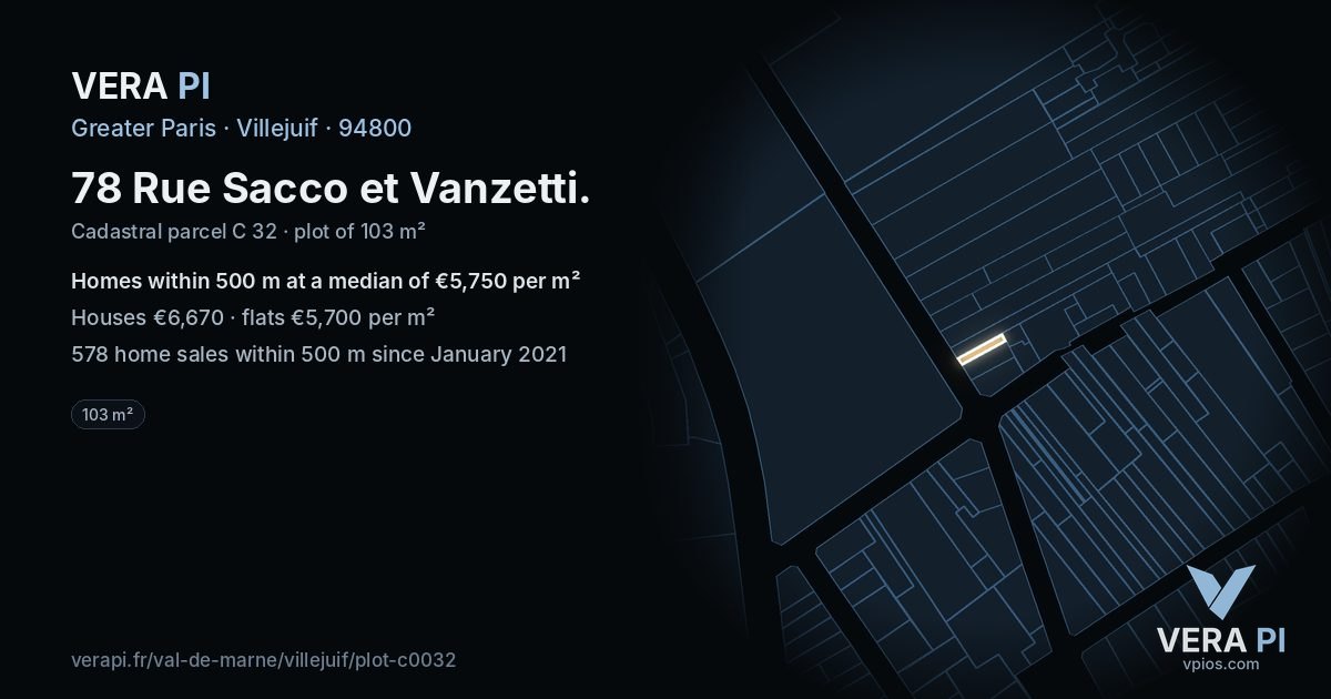 78 Rue Sacco et Vanzetti, Villejuif at night – the plot lit, the parcels around coloured by the prices near them