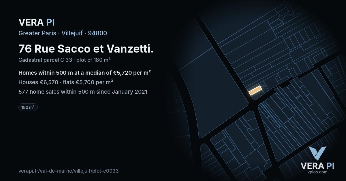 76 Rue Sacco et Vanzetti, Villejuif at night – the plot lit, the parcels around coloured by the prices near them