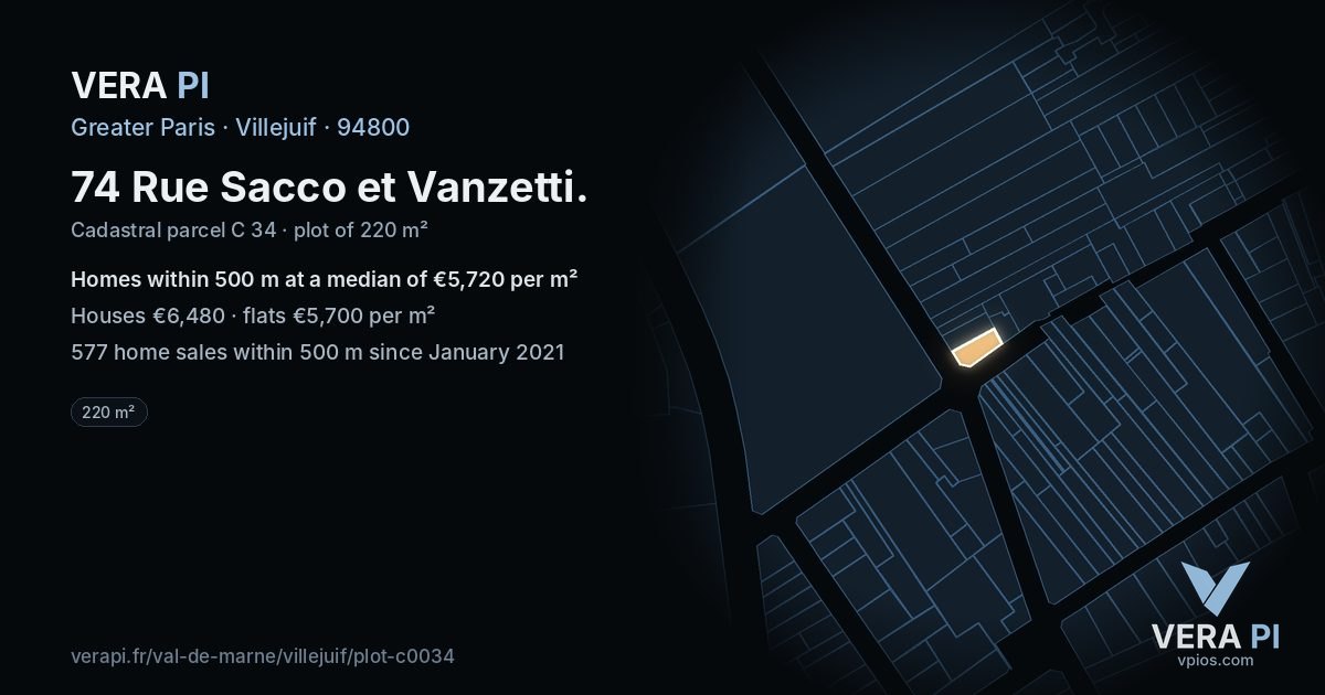 74 Rue Sacco et Vanzetti, Villejuif at night – the plot lit, the parcels around coloured by the prices near them