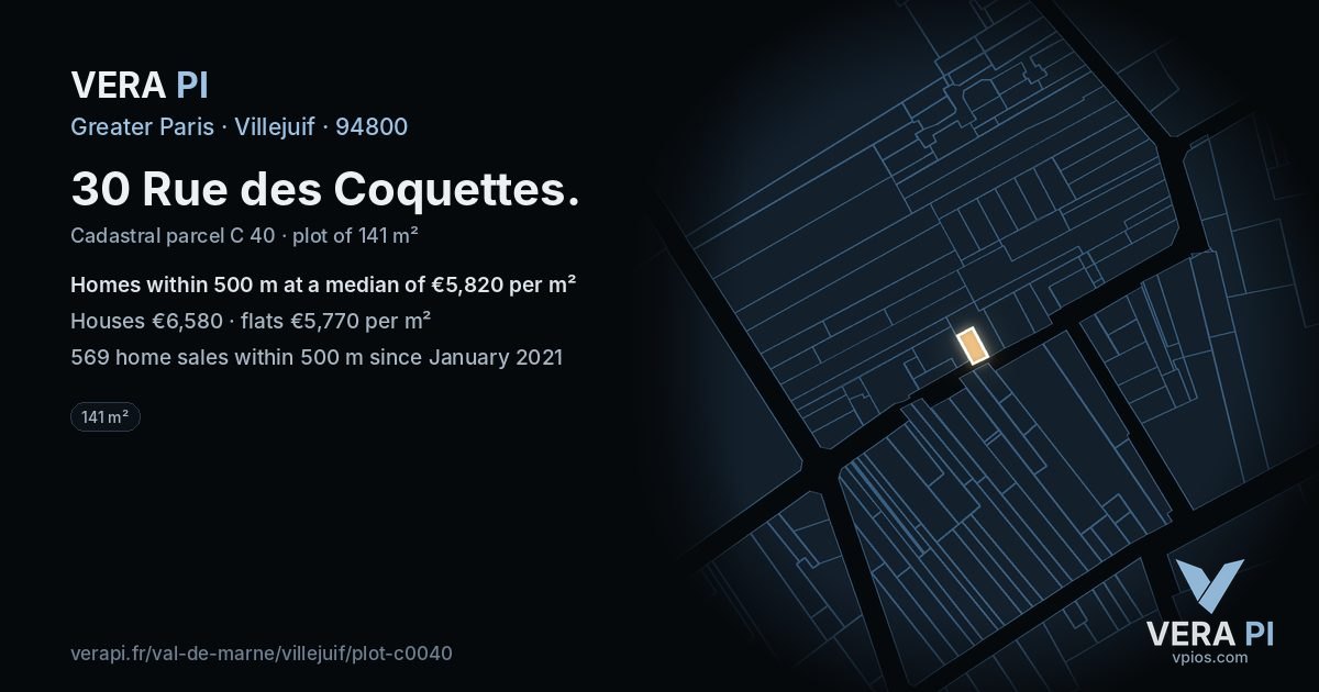 30 Rue des Coquettes, Villejuif at night – the plot lit, the parcels around coloured by the prices near them