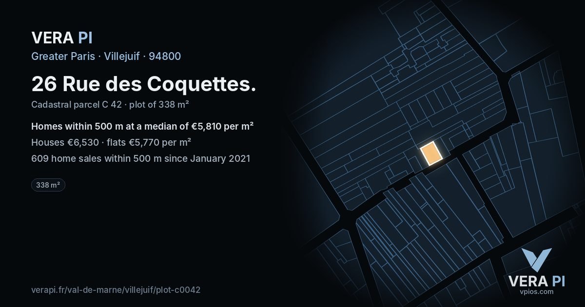 26 Rue des Coquettes, Villejuif at night – the plot lit, the parcels around coloured by the prices near them
