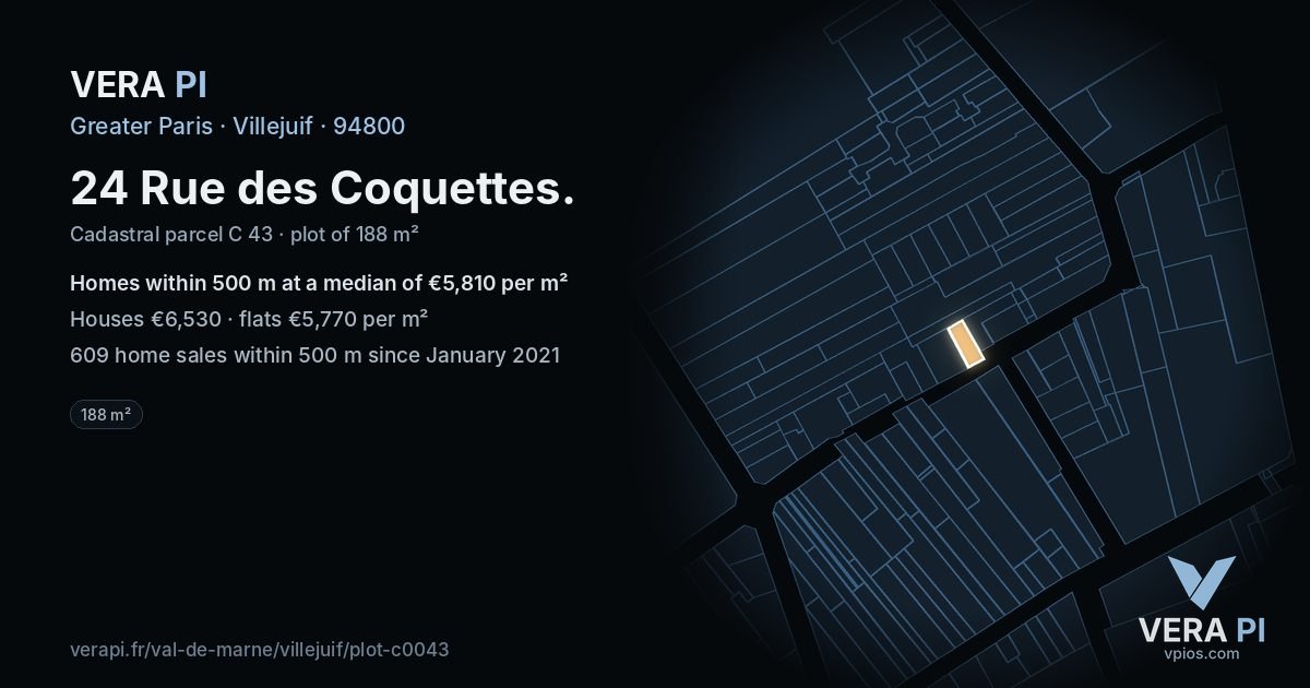 24 Rue des Coquettes, Villejuif at night – the plot lit, the parcels around coloured by the prices near them