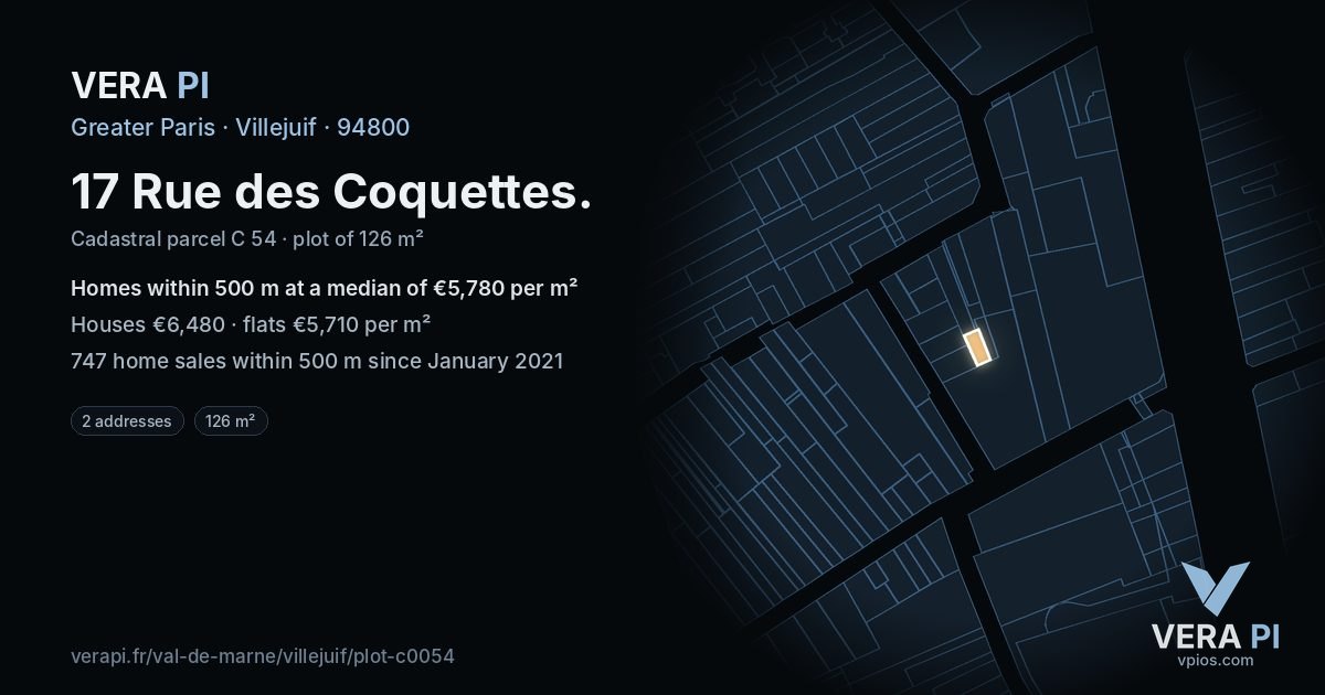 17 Rue des Coquettes, Villejuif at night – the plot lit, the parcels around coloured by the prices near them