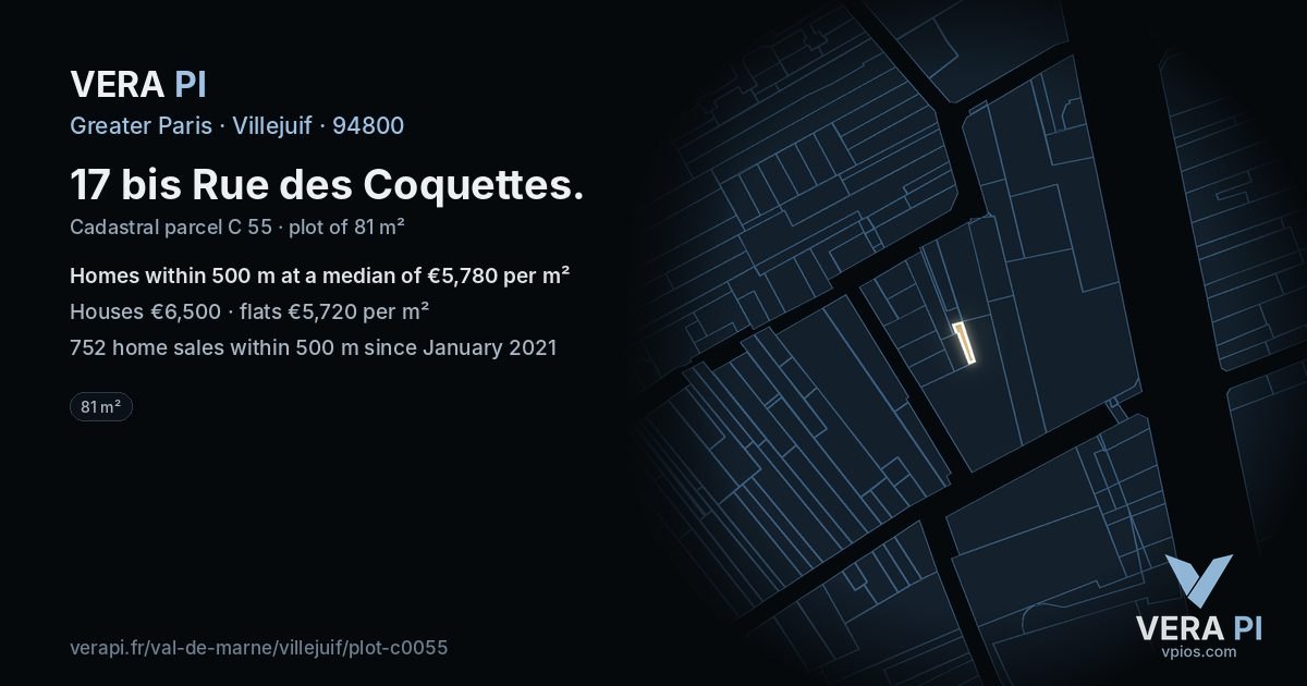 17 bis Rue des Coquettes, Villejuif at night – the plot lit, the parcels around coloured by the prices near them