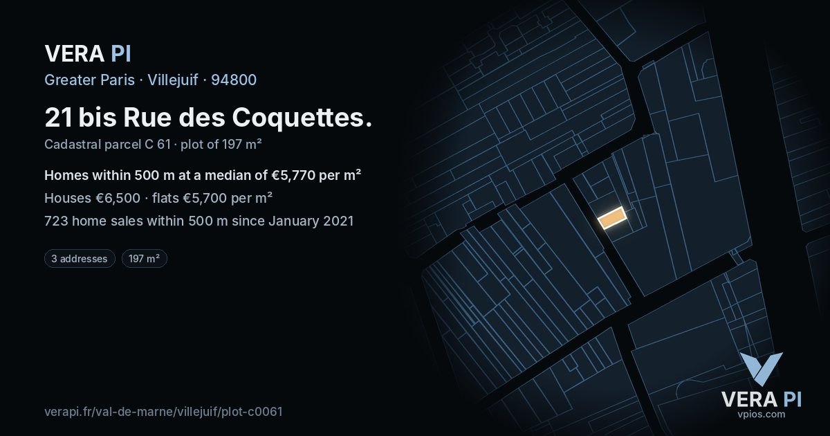 21 bis Rue des Coquettes, Villejuif at night – the plot lit, the parcels around coloured by the prices near them