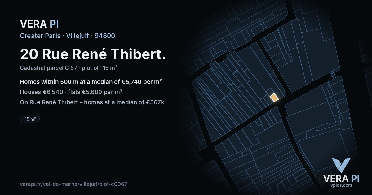 20 Rue René Thibert, Villejuif at night – the plot lit, the parcels around coloured by the prices near them