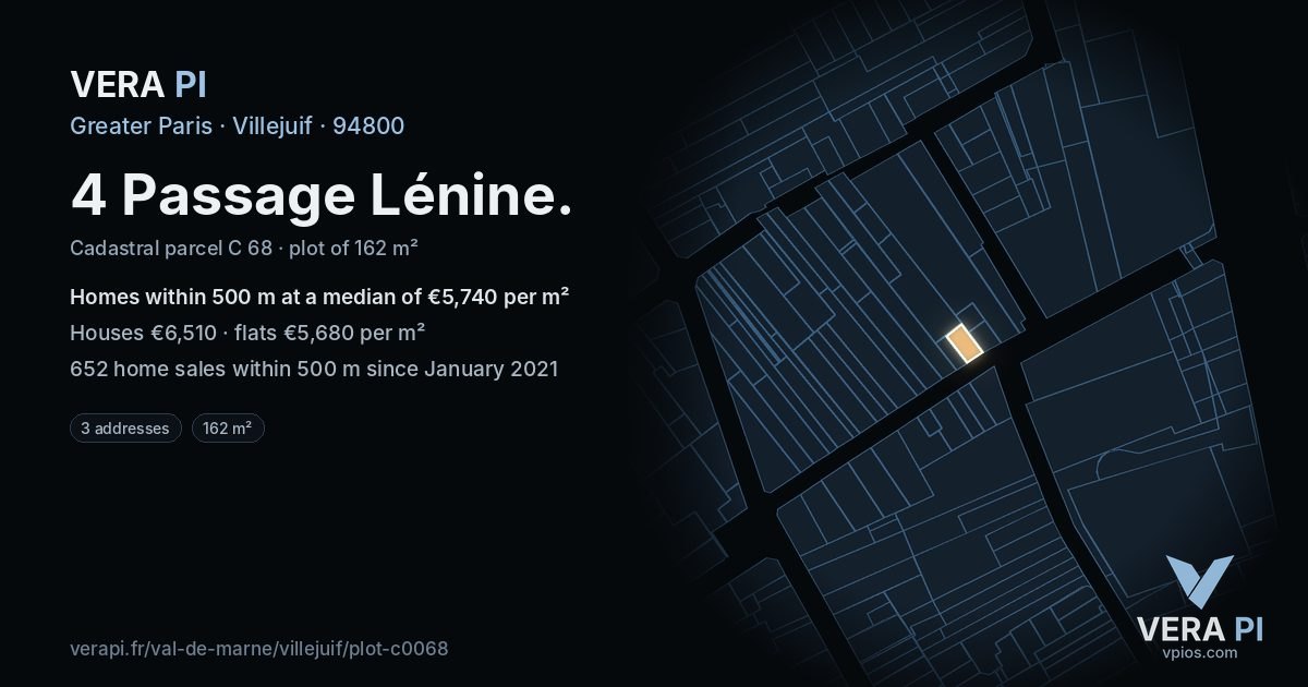 4 Passage Lénine, Villejuif at night – the plot lit, the parcels around coloured by the prices near them