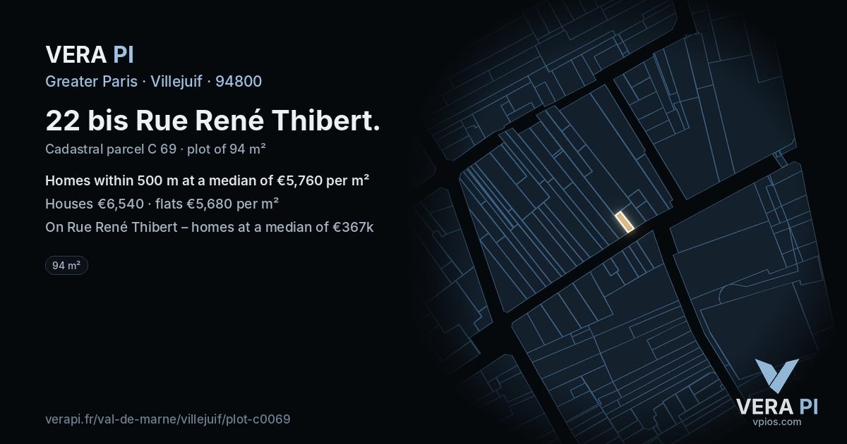 22 bis Rue René Thibert, Villejuif at night – the plot lit, the parcels around coloured by the prices near them