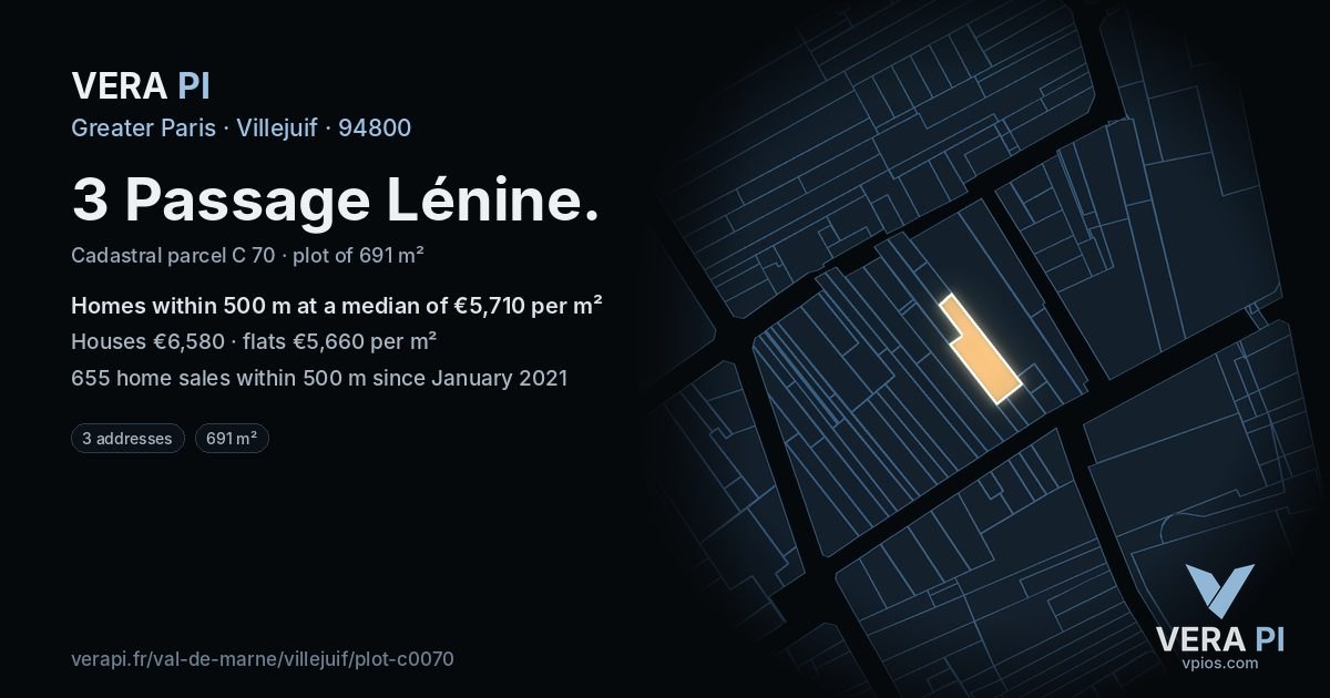 3 Passage Lénine, Villejuif at night – the plot lit, the parcels around coloured by the prices near them
