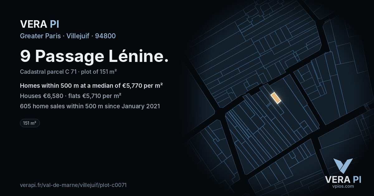 9 Passage Lénine, Villejuif at night – the plot lit, the parcels around coloured by the prices near them
