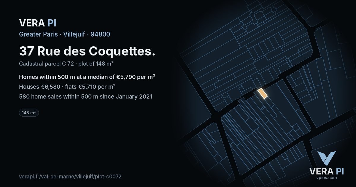 37 Rue des Coquettes, Villejuif at night – the plot lit, the parcels around coloured by the prices near them