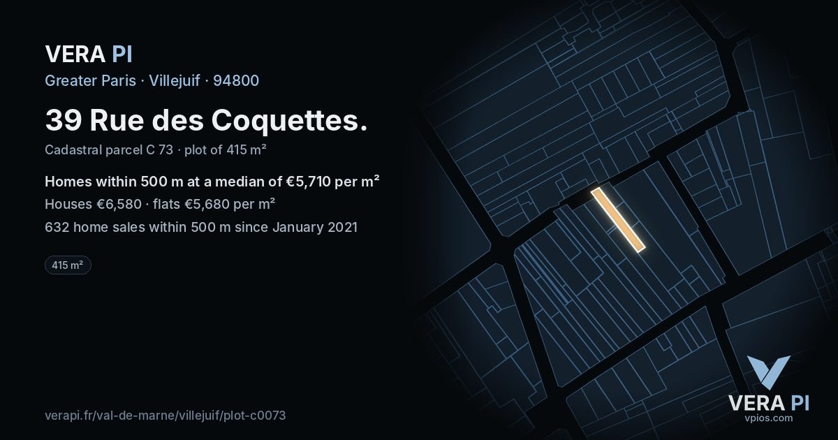 39 Rue des Coquettes, Villejuif at night – the plot lit, the parcels around coloured by the prices near them