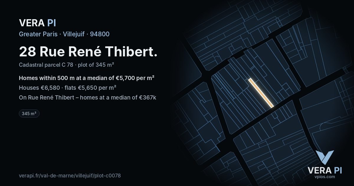 28 Rue René Thibert, Villejuif at night – the plot lit, the parcels around coloured by the prices near them