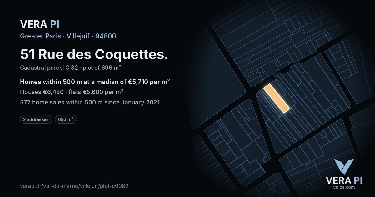 51 Rue des Coquettes, Villejuif at night – the plot lit, the parcels around coloured by the prices near them