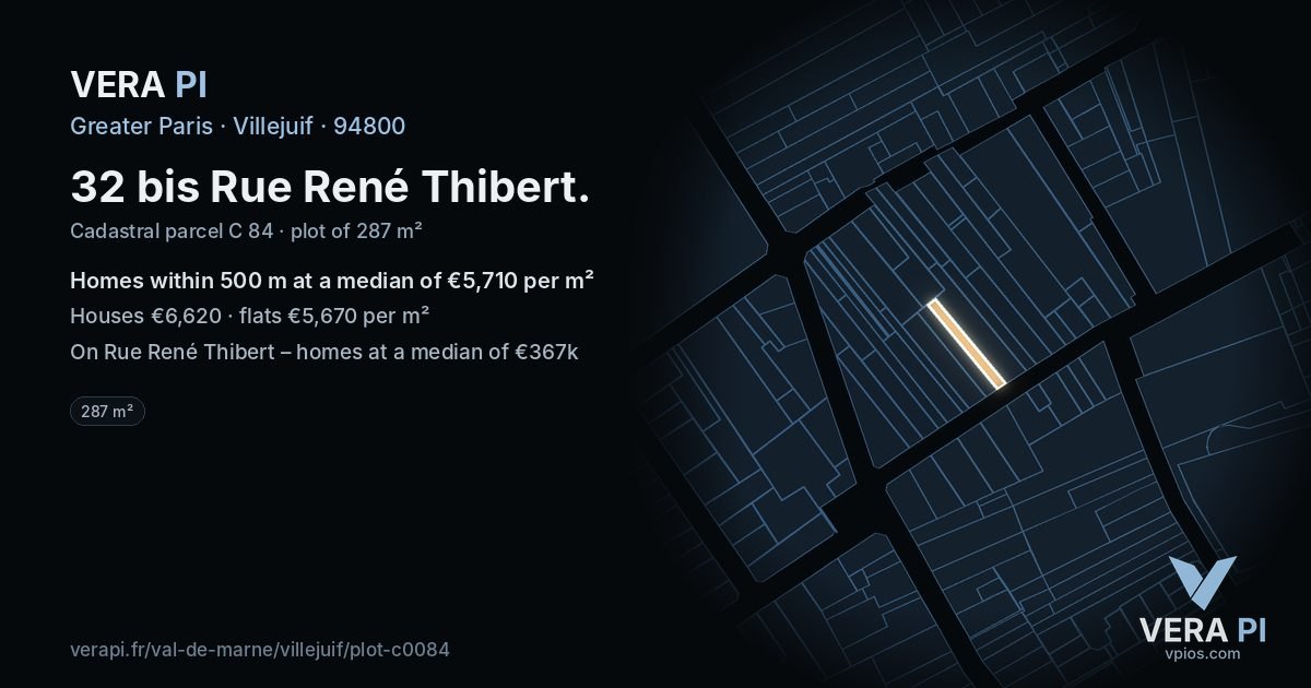 32 bis Rue René Thibert, Villejuif at night – the plot lit, the parcels around coloured by the prices near them
