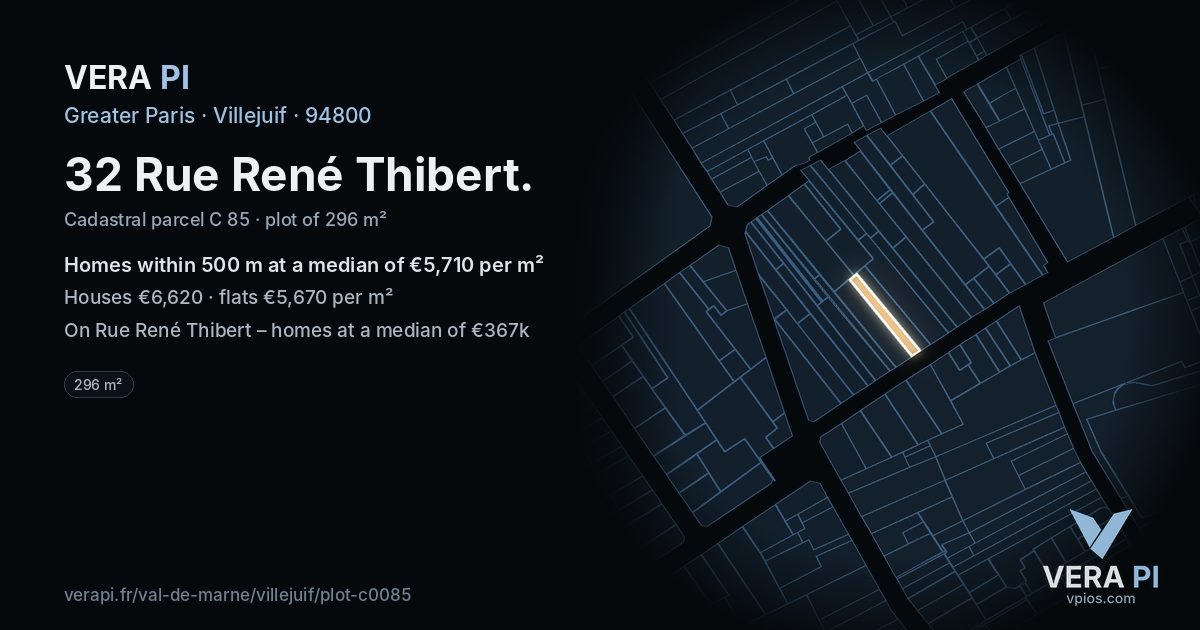 32 Rue René Thibert, Villejuif at night – the plot lit, the parcels around coloured by the prices near them