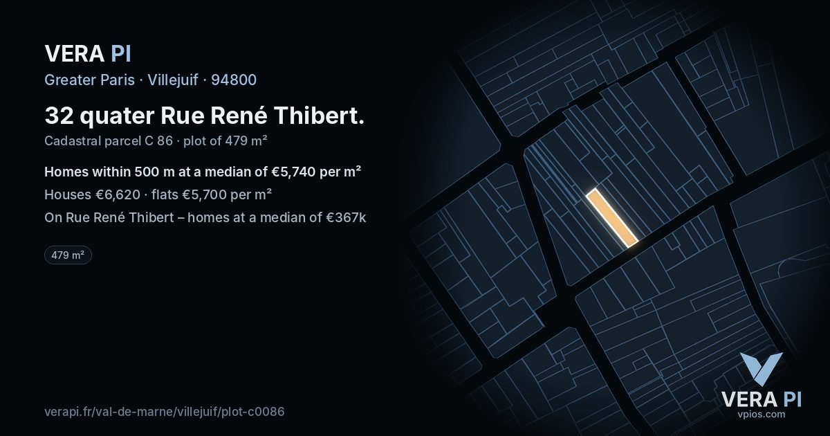 32 quater Rue René Thibert, Villejuif at night – the plot lit, the parcels around coloured by the prices near them