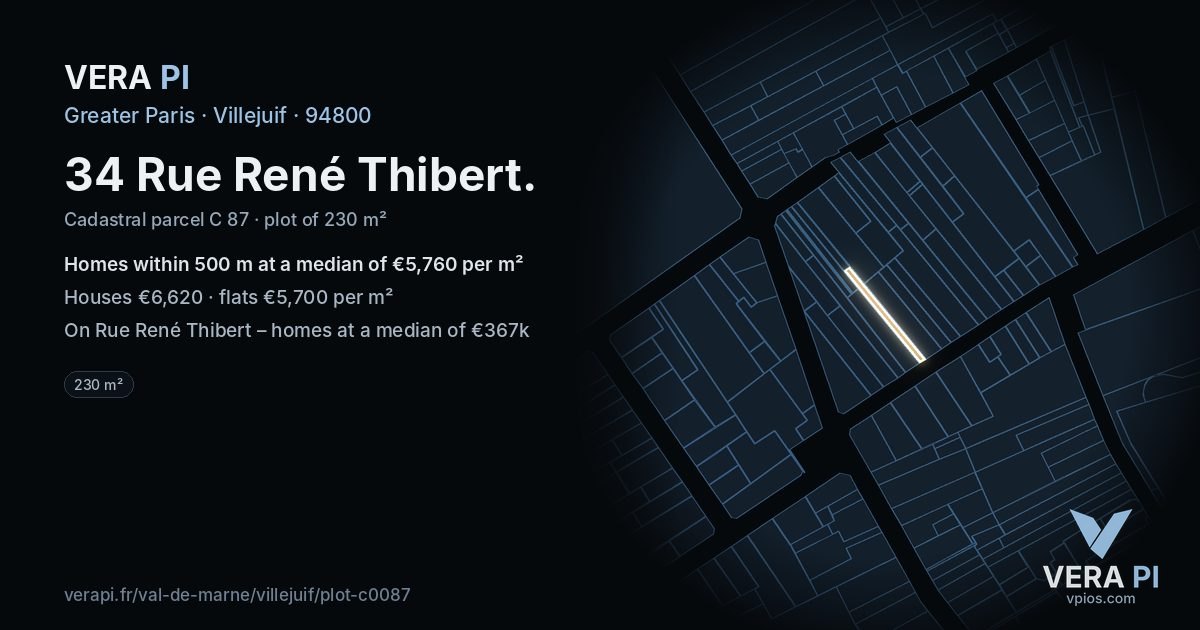 34 Rue René Thibert, Villejuif at night – the plot lit, the parcels around coloured by the prices near them