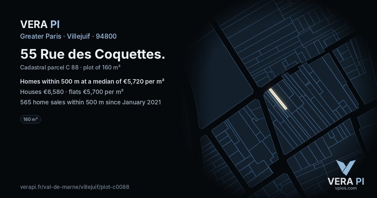 55 Rue des Coquettes, Villejuif at night – the plot lit, the parcels around coloured by the prices near them