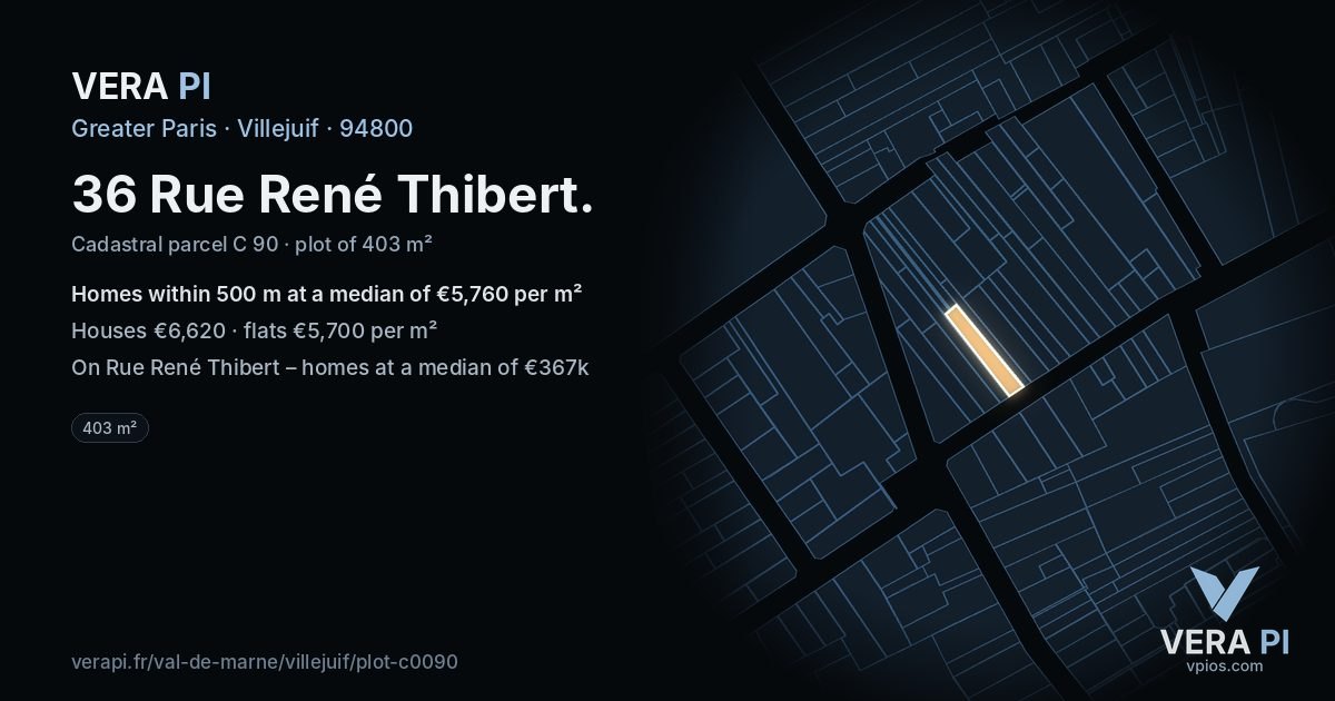 36 Rue René Thibert, Villejuif at night – the plot lit, the parcels around coloured by the prices near them