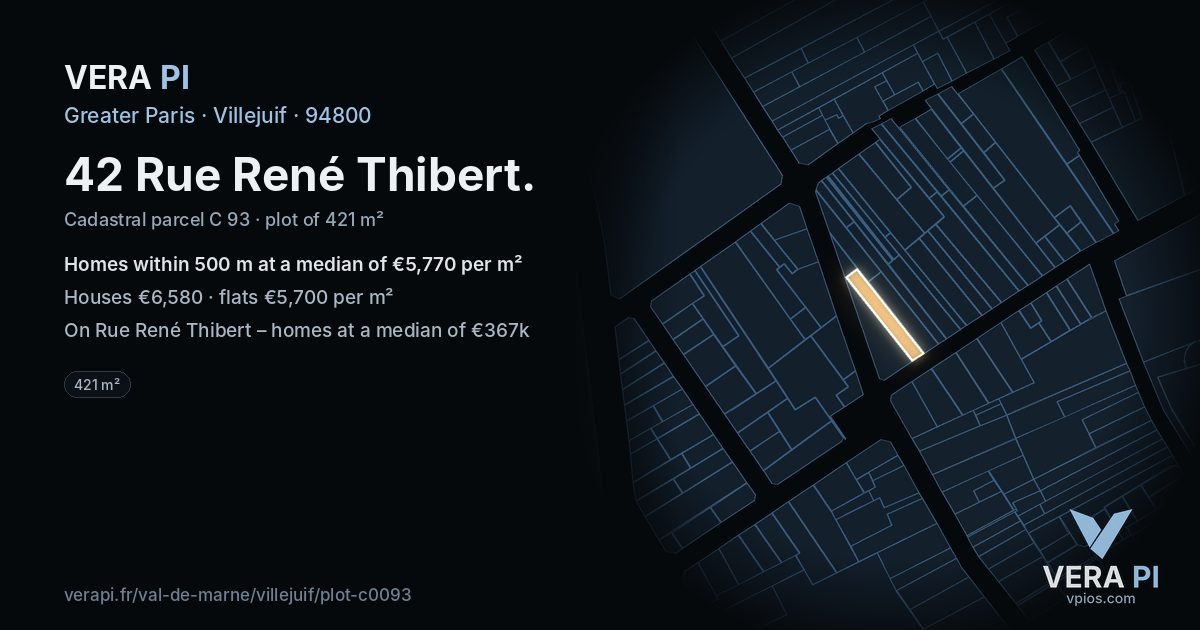 42 Rue René Thibert, Villejuif at night – the plot lit, the parcels around coloured by the prices near them