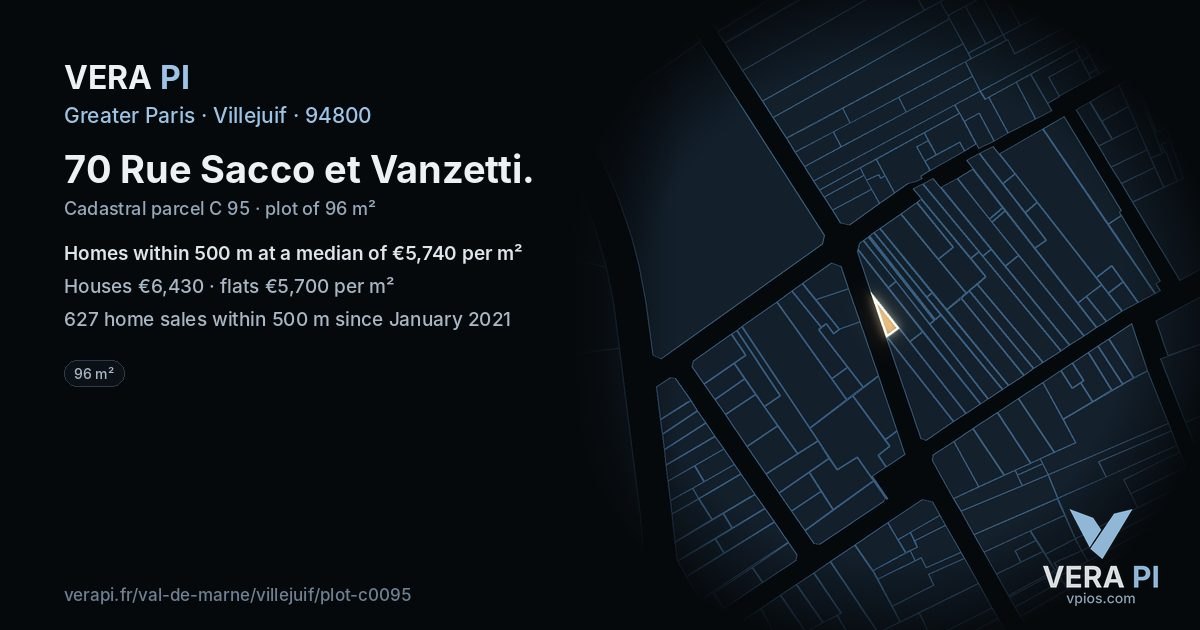 70 Rue Sacco et Vanzetti, Villejuif at night – the plot lit, the parcels around coloured by the prices near them