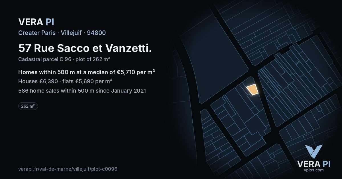 57 Rue Sacco et Vanzetti, Villejuif at night – the plot lit, the parcels around coloured by the prices near them