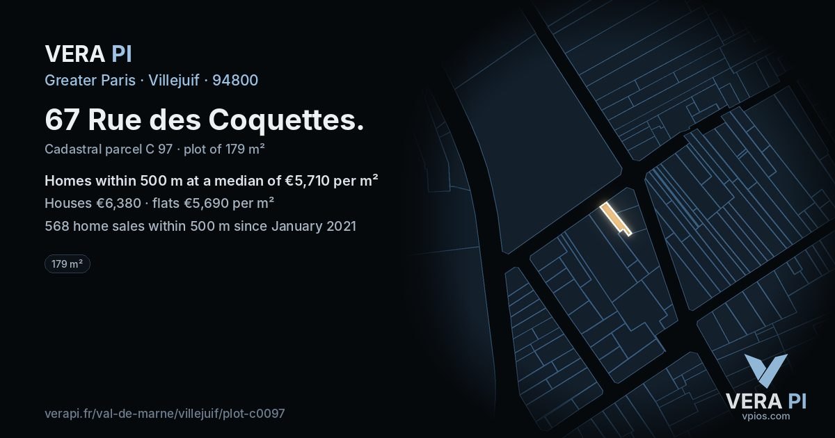 67 Rue des Coquettes, Villejuif at night – the plot lit, the parcels around coloured by the prices near them