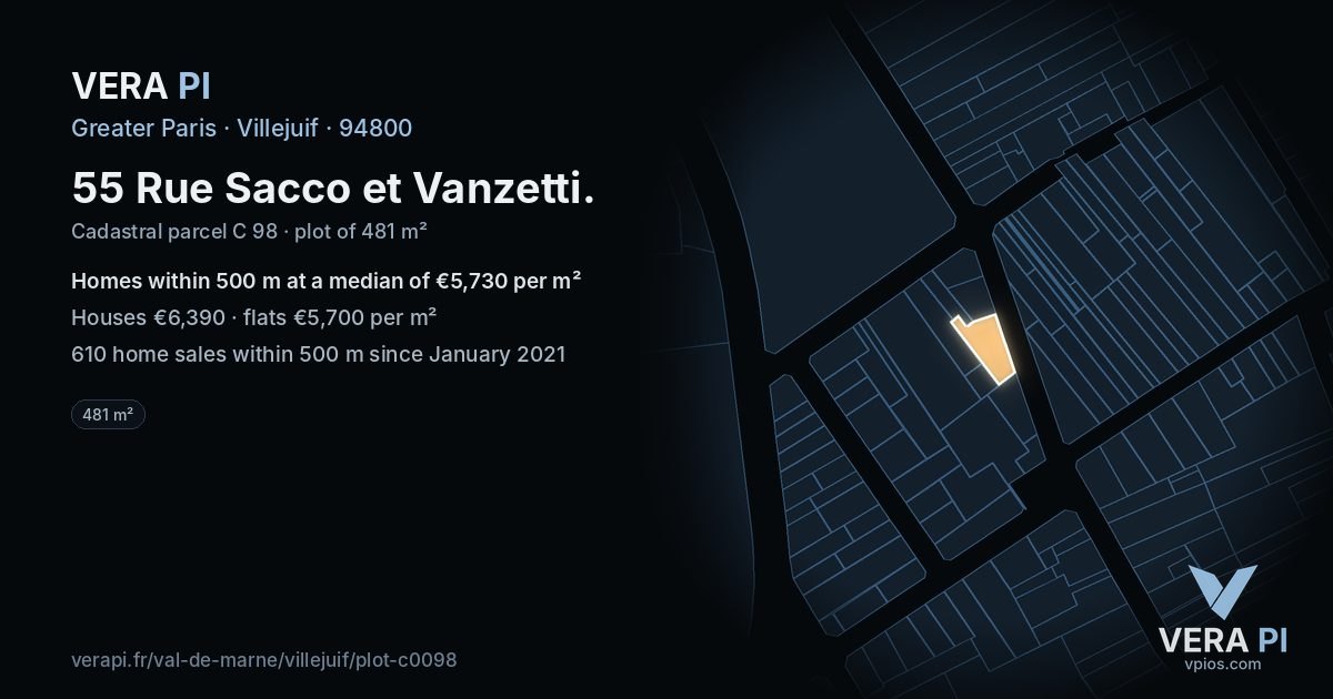 55 Rue Sacco et Vanzetti, Villejuif at night – the plot lit, the parcels around coloured by the prices near them