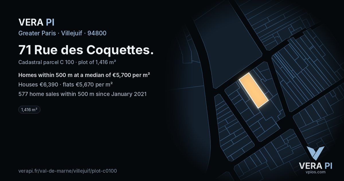 71 Rue des Coquettes, Villejuif at night – the plot lit, the parcels around coloured by the prices near them
