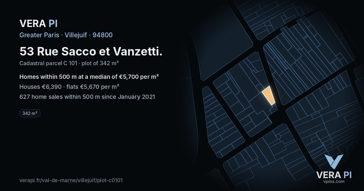 53 Rue Sacco et Vanzetti, Villejuif at night – the plot lit, the parcels around coloured by the prices near them