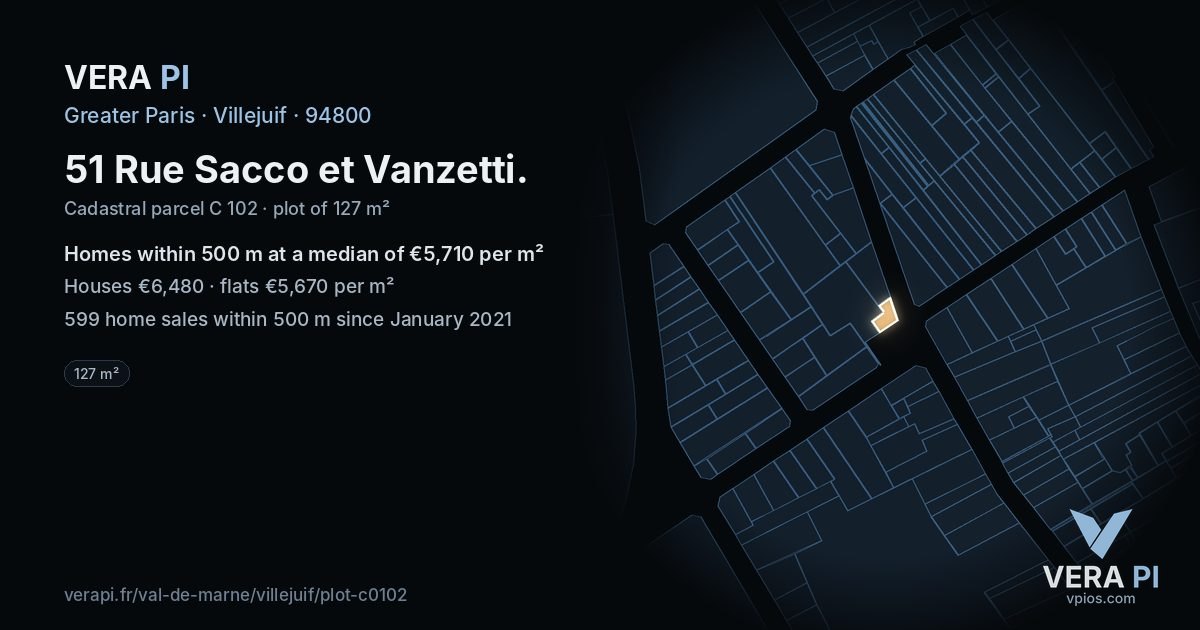 51 Rue Sacco et Vanzetti, Villejuif at night – the plot lit, the parcels around coloured by the prices near them