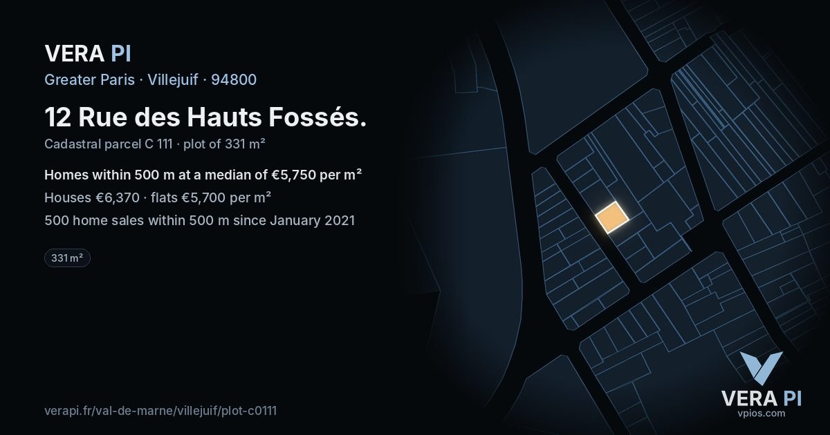 12 Rue des Hauts Fossés, Villejuif at night – the plot lit, the parcels around coloured by the prices near them
