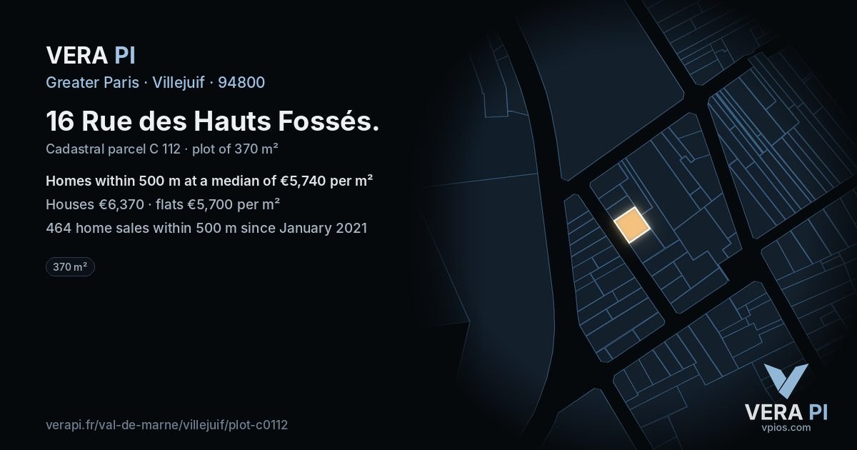 16 Rue des Hauts Fossés, Villejuif at night – the plot lit, the parcels around coloured by the prices near them