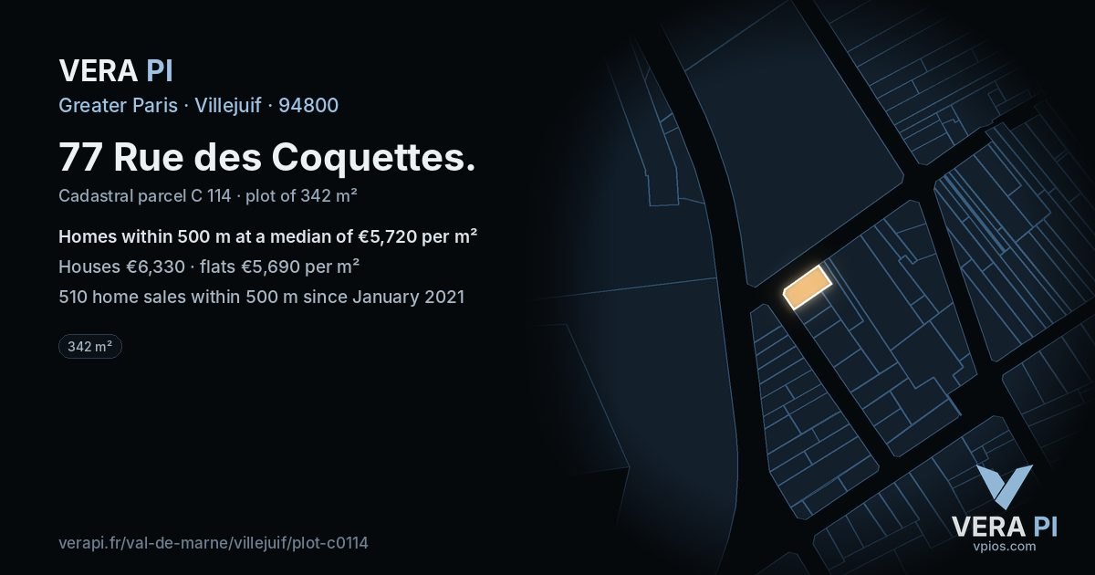 77 Rue des Coquettes, Villejuif at night – the plot lit, the parcels around coloured by the prices near them