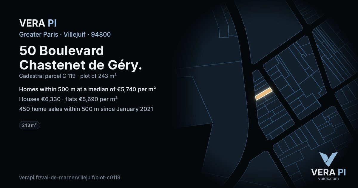 50 Boulevard Chastenet de Géry, Villejuif at night – the plot lit, the parcels around coloured by the prices near them