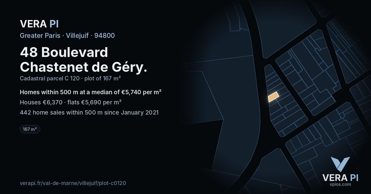 48 Boulevard Chastenet de Géry, Villejuif at night – the plot lit, the parcels around coloured by the prices near them