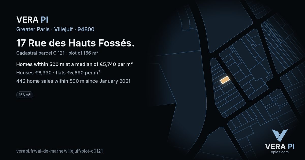 17 Rue des Hauts Fossés, Villejuif at night – the plot lit, the parcels around coloured by the prices near them