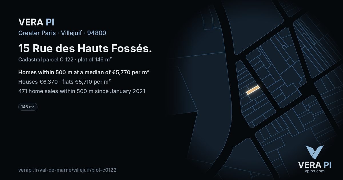 15 Rue des Hauts Fossés, Villejuif at night – the plot lit, the parcels around coloured by the prices near them