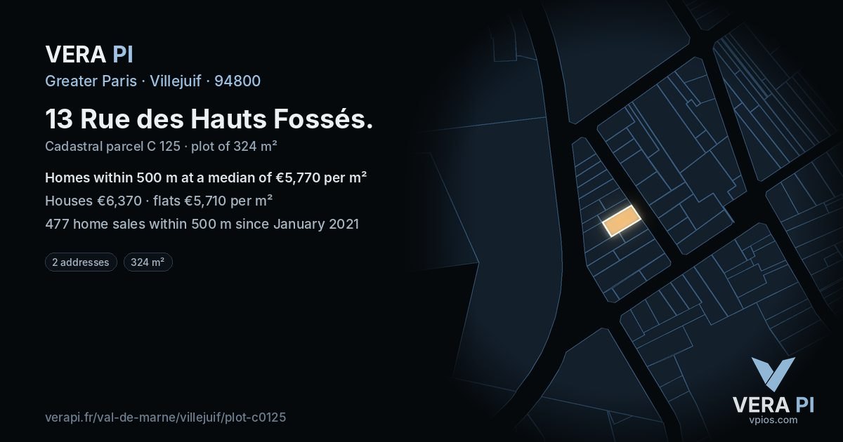 13 Rue des Hauts Fossés, Villejuif at night – the plot lit, the parcels around coloured by the prices near them