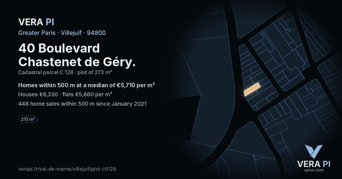 40 Boulevard Chastenet de Géry, Villejuif at night – the plot lit, the parcels around coloured by the prices near them