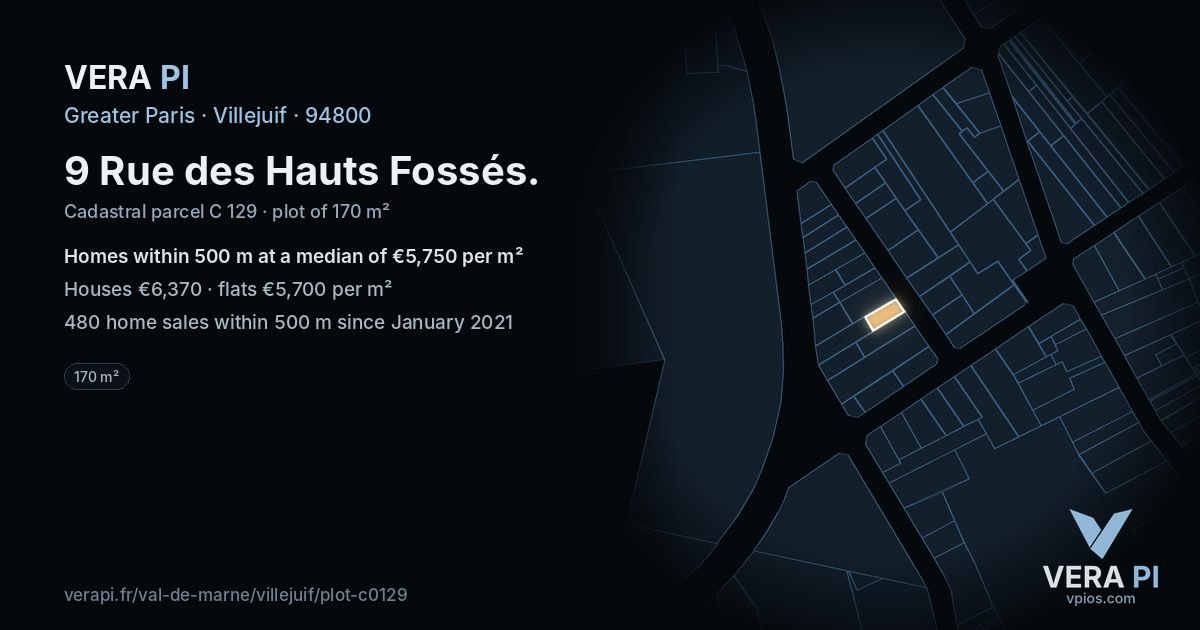 9 Rue des Hauts Fossés, Villejuif at night – the plot lit, the parcels around coloured by the prices near them