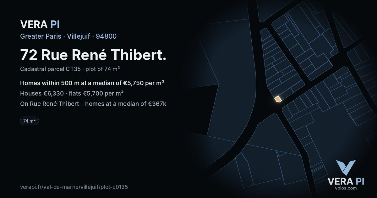 72 Rue René Thibert, Villejuif at night – the plot lit, the parcels around coloured by the prices near them