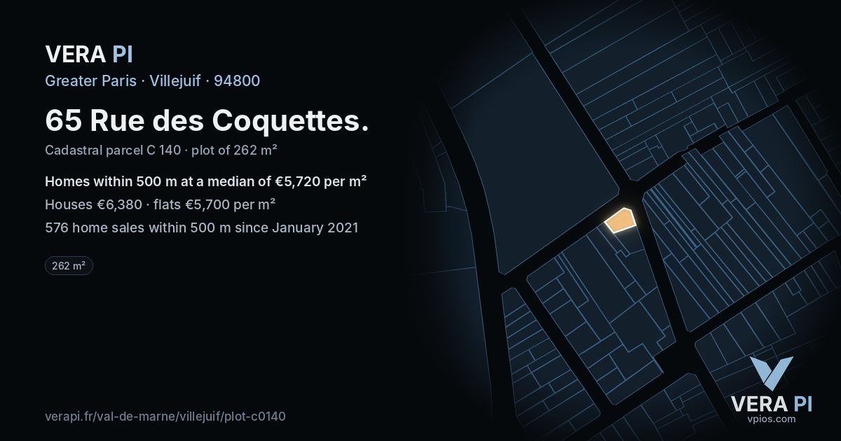 65 Rue des Coquettes, Villejuif at night – the plot lit, the parcels around coloured by the prices near them